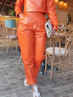 Regular Fit Micro-Elasticity Urban Pu Faux Leather Pants Straight pants