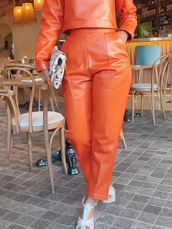 Regular Fit Micro-Elasticity Urban Pu Faux Leather Pants Straight pants