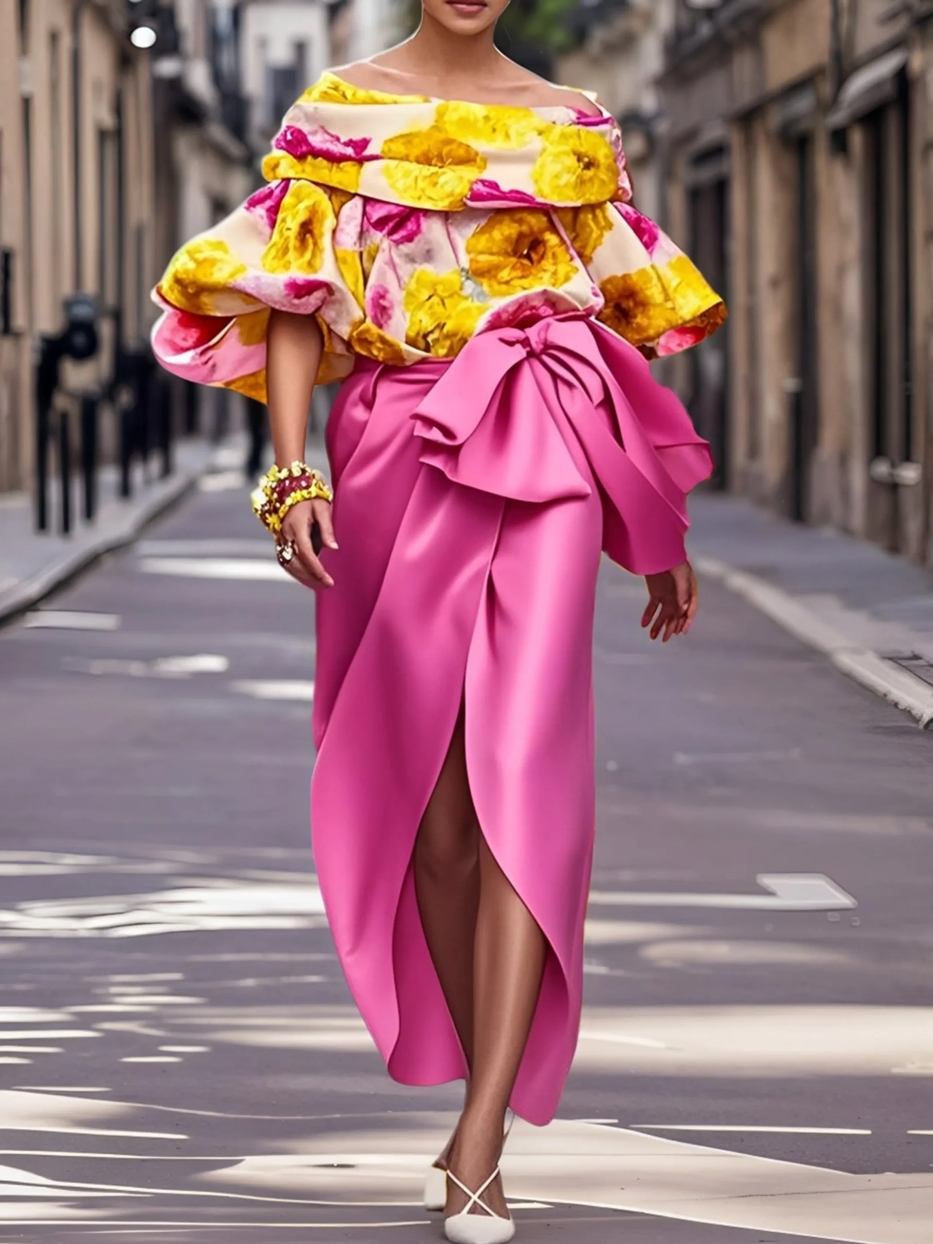 Satin Elegant Floral Printing Off The Shoulder Balloon Sleeve Blouse
