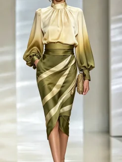 Satin Elegant Gradient Pattern Stand Collar Blouse