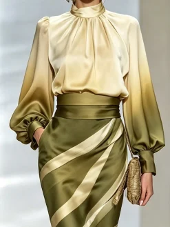 Satin Elegant Gradient Pattern Stand Collar Blouse