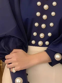 Satin Elegant Plain Imitation Pearls Mock Neck Balloon Sleeve Blouse