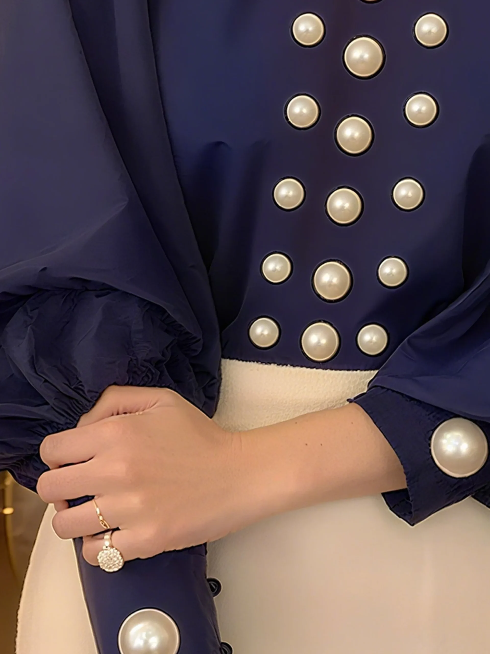 Satin Elegant Plain Imitation Pearls Mock Neck Balloon Sleeve Blouse