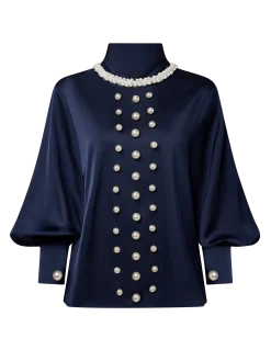 Satin Elegant Plain Imitation Pearls Mock Neck Balloon Sleeve Blouse