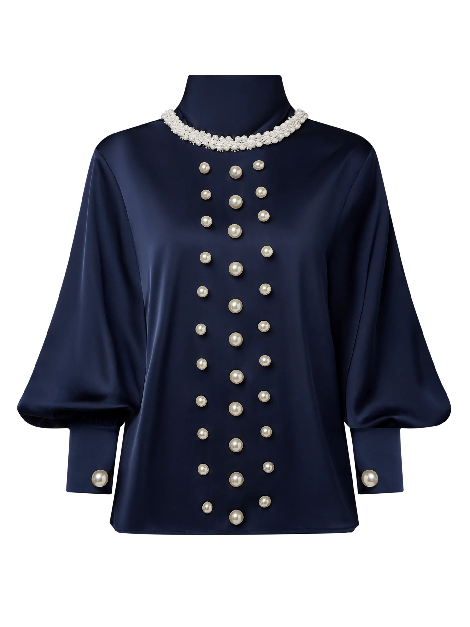 Satin Elegant Plain Imitation Pearls Mock Neck Balloon Sleeve Blouse
