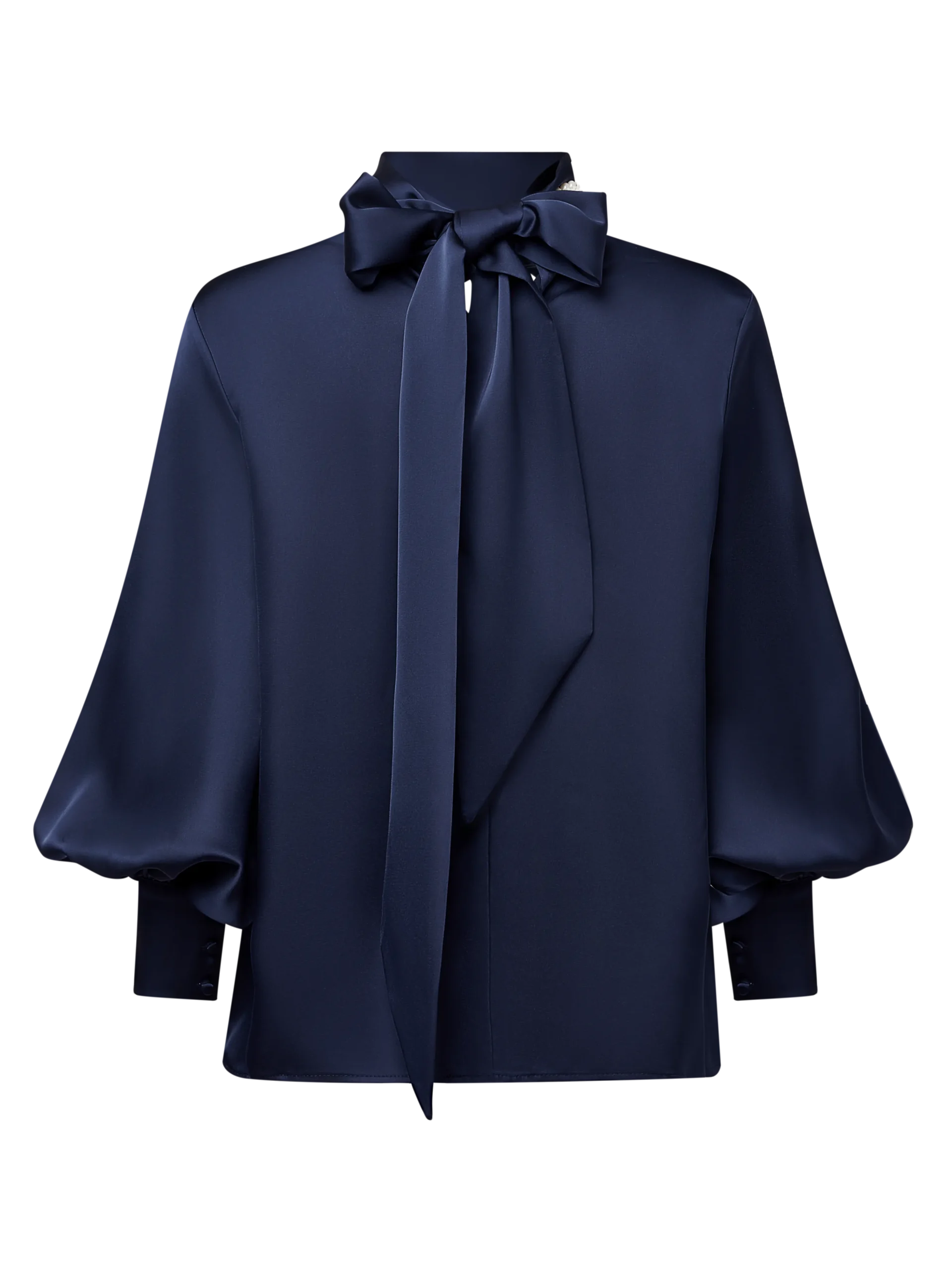 Satin Elegant Plain Imitation Pearls Mock Neck Balloon Sleeve Blouse