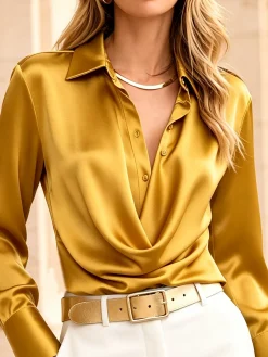 Satin Elegant Plain Ruched Shirt Collar Shirt