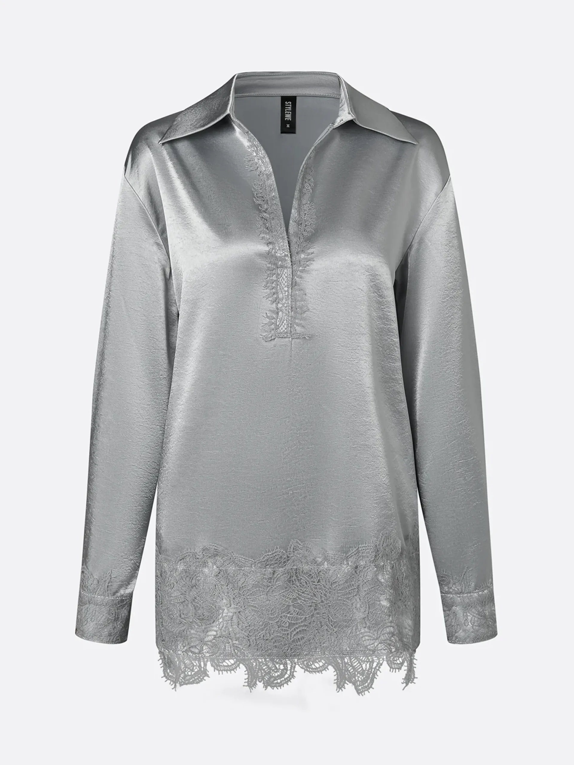 Satin Urban Plain Split Joint Polo Collar Blouse