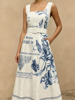 Square Neck Elegant Regular Fit Dress With Belt