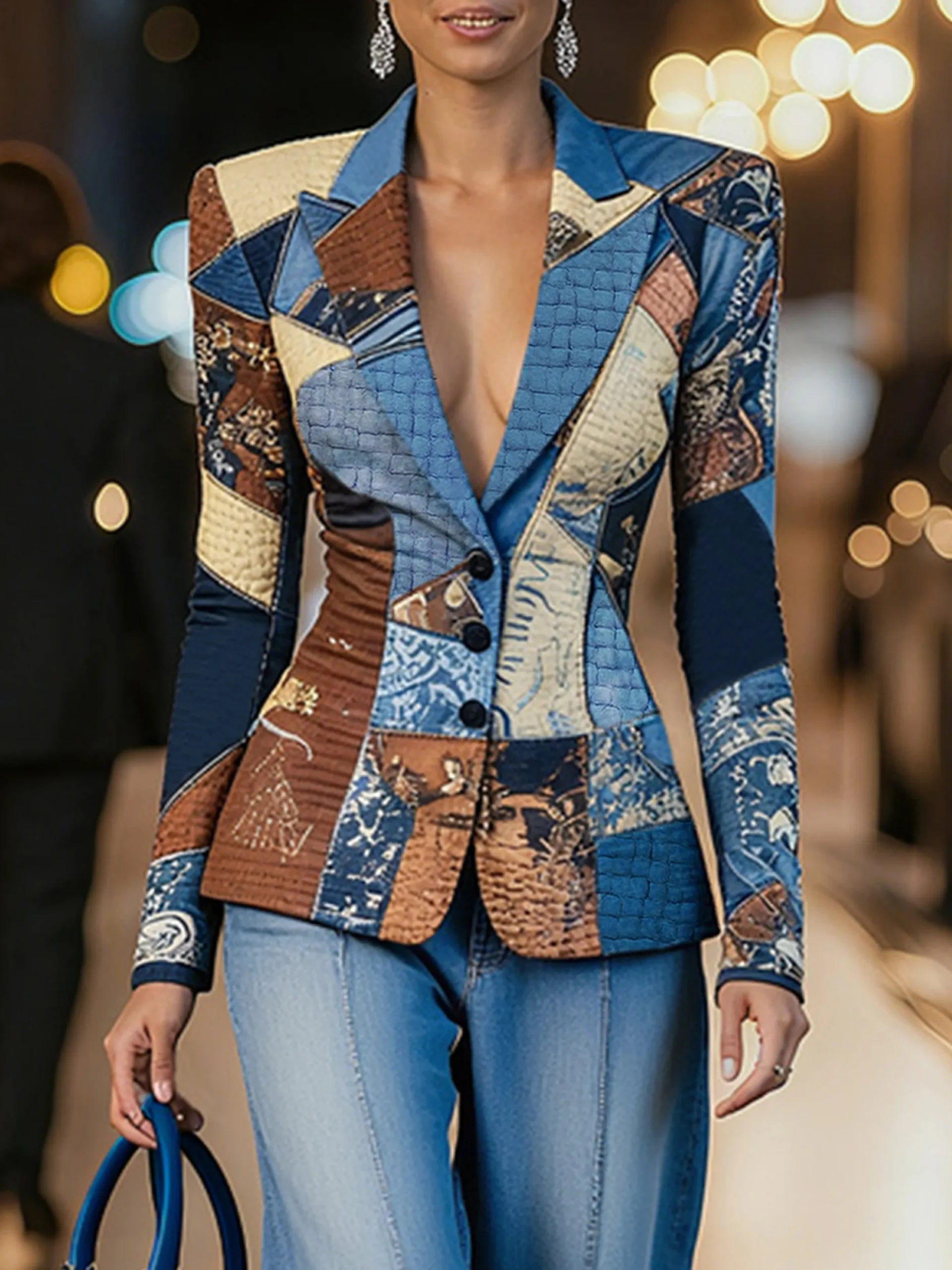 Stylewe Women Casual Natural X-Line Printed Blazer Lapel Collar Daily Spring