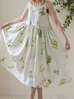 STYLE WE x CHILLINEN |Vacation Plants V Neck linen-cotton Midi Dress