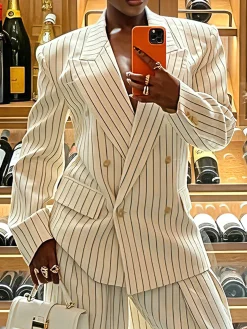Urban Buttoned Geometric Striped Lapel Collar Blazer