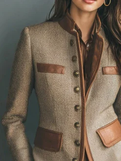 Urban Buttoned Piping Herringbone Stand Collar Jacket