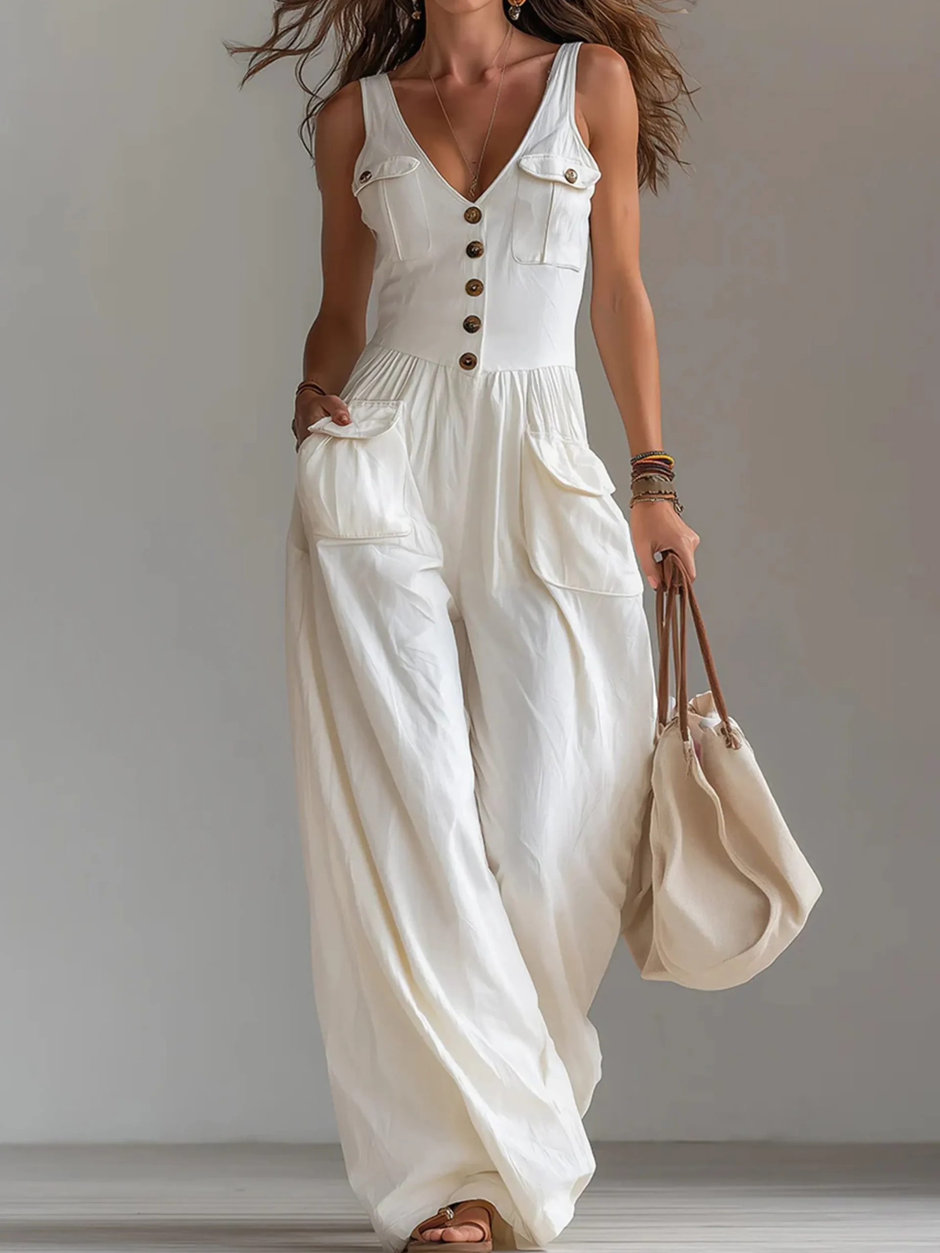 Urban Buttoned Pockets Plain V Neck Jumpsuit