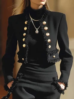 Urban Buttoned Tassel Plain Crew Neck Jacket