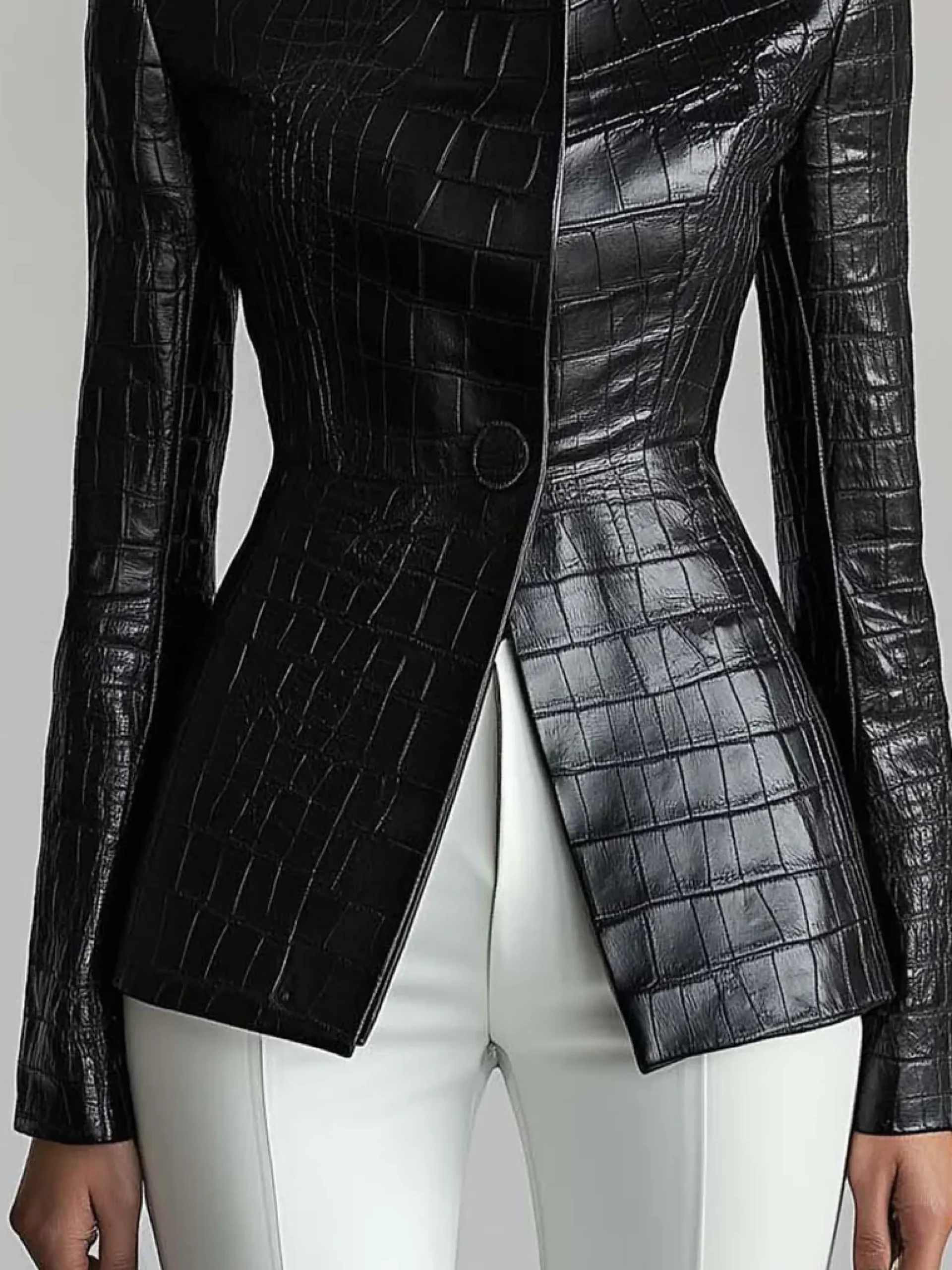 Urban Buttoned Textured Croc-Effect Faux Leather Coat