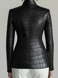 Urban Buttoned Textured Croc-Effect Faux Leather Coat