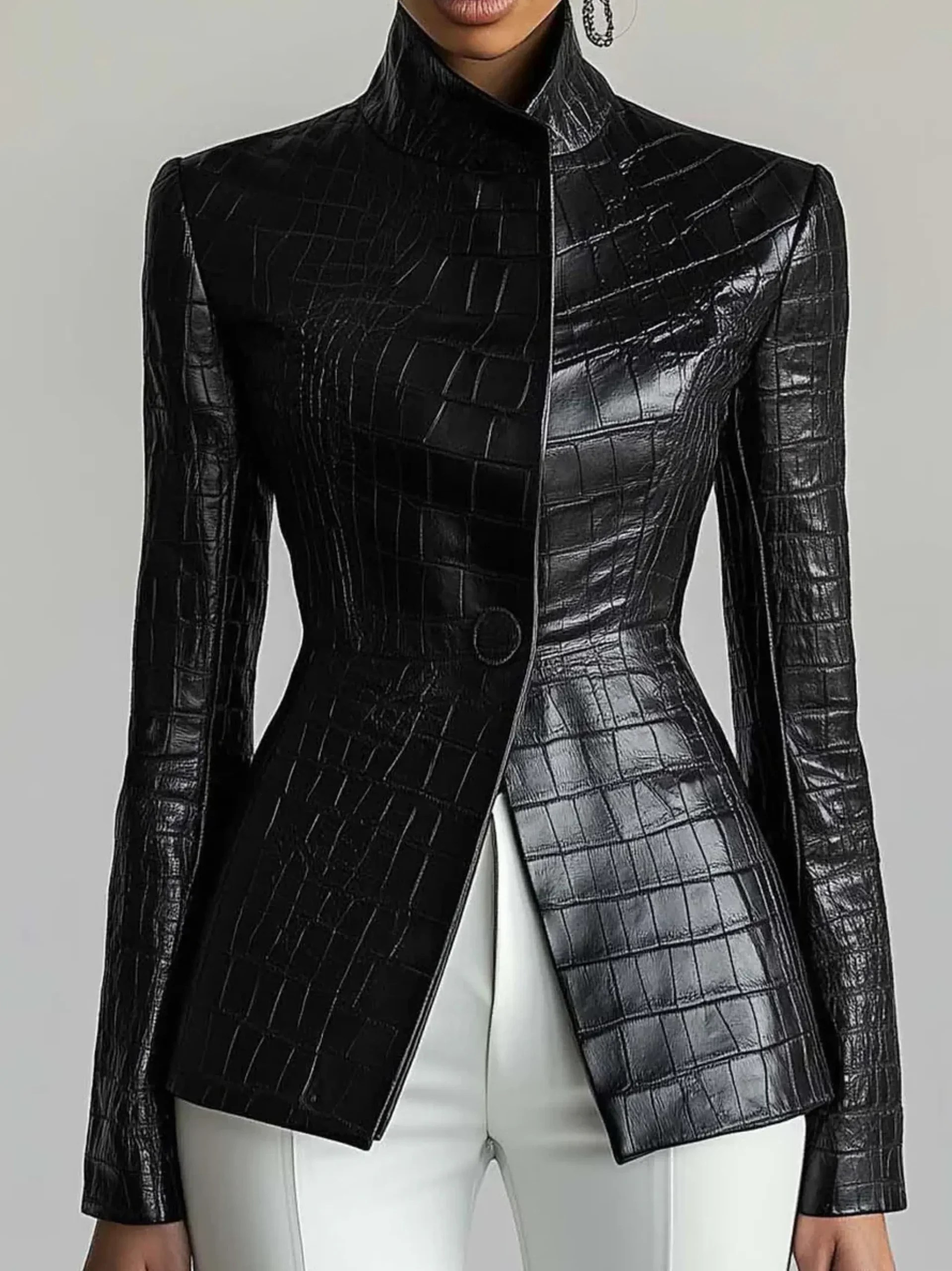 Urban Buttoned Textured Croc-Effect Faux Leather Coat