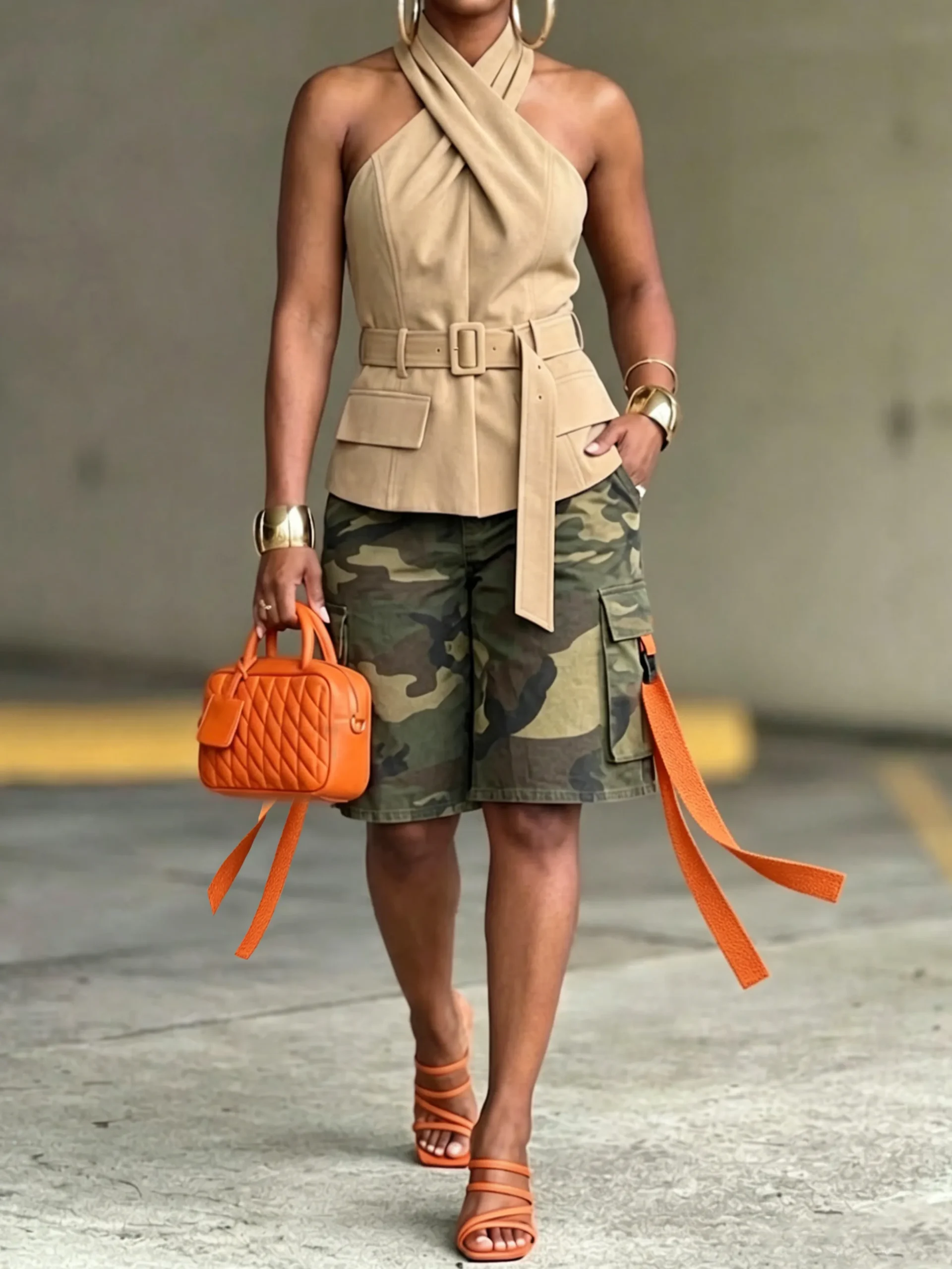 Urban Casual Camo Loose Fit Pockets Color Block Cargo Shorts