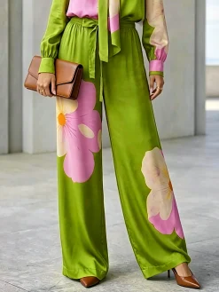 Urban Color Block Bow Printing Wide Leg Pants