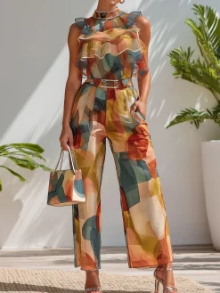 Urban Color Block Geometric Straight Pants With Belt