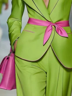 Urban Color Block Lapel Collar Blazer With Belt