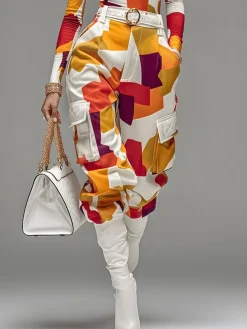Urban Colorblock Printing Cargo Pants No Belt