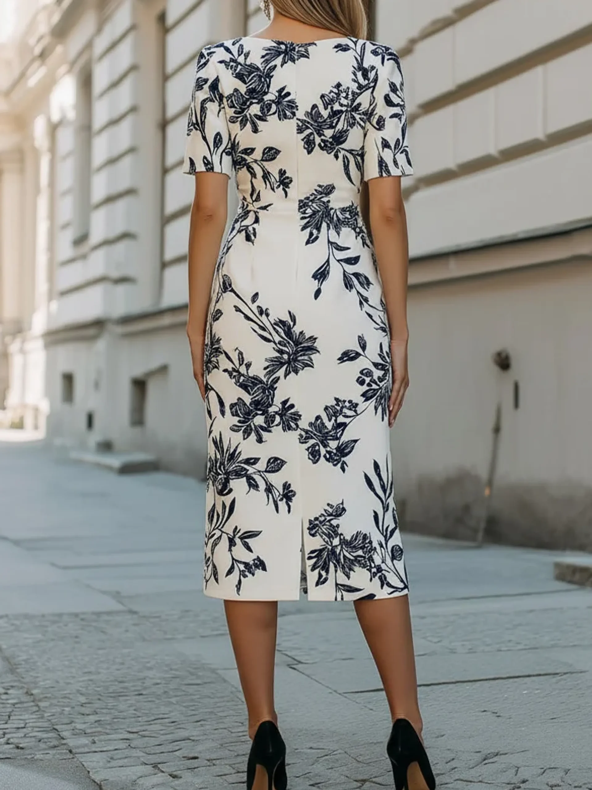 Urban Color Block Printing Floral Boat Neck Midi Dress