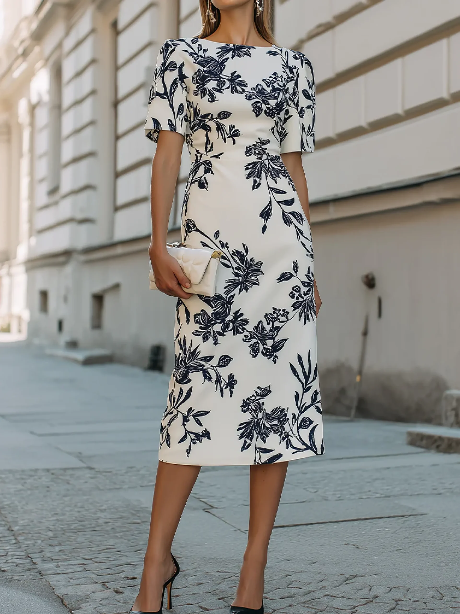 Urban Color Block Printing Floral Boat Neck Midi Dress