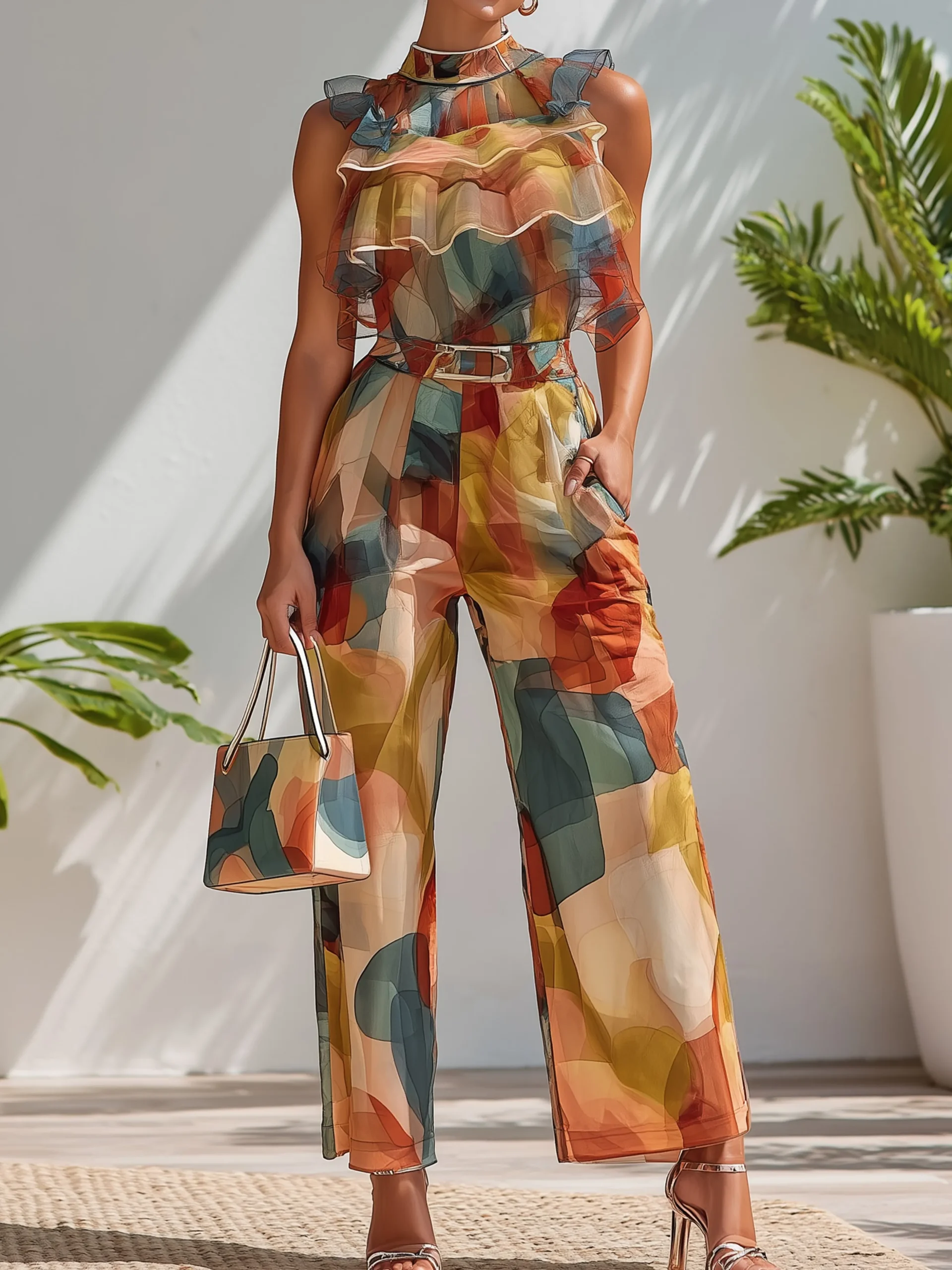 Urban Color Block Printing Peplum Mock Neck Blouse