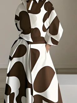 Urban Color Block Printing Shirt Collar Midi Dress