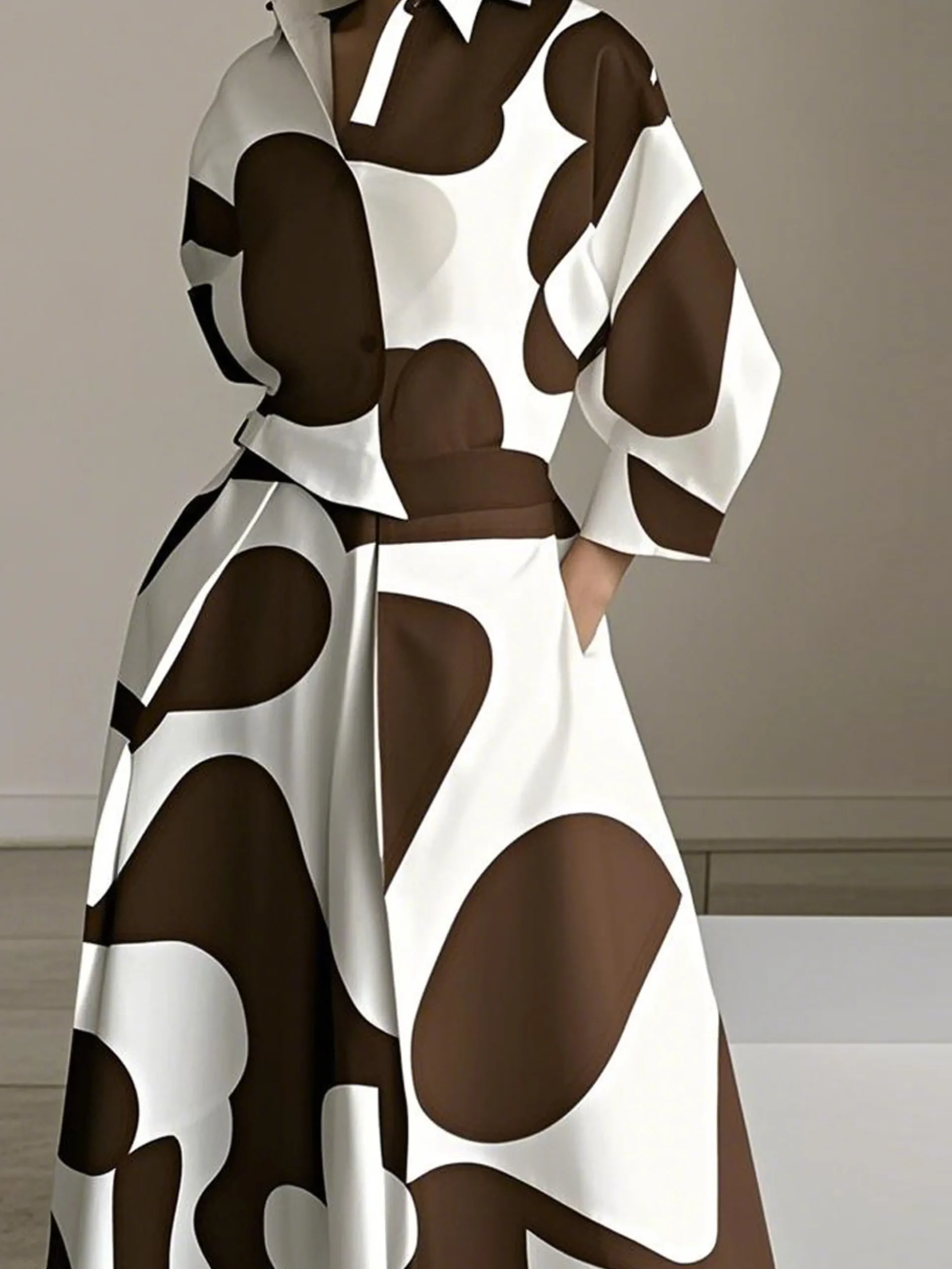 Urban Color Block Printing Shirt Collar Midi Dress