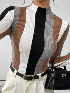 Urban Color Block Stand Collar Sweater