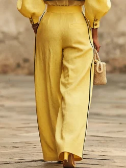 Urban Color Block Straight Cotton And Linen Pants