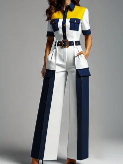 Urban Color Block Straight Pants With Belt
