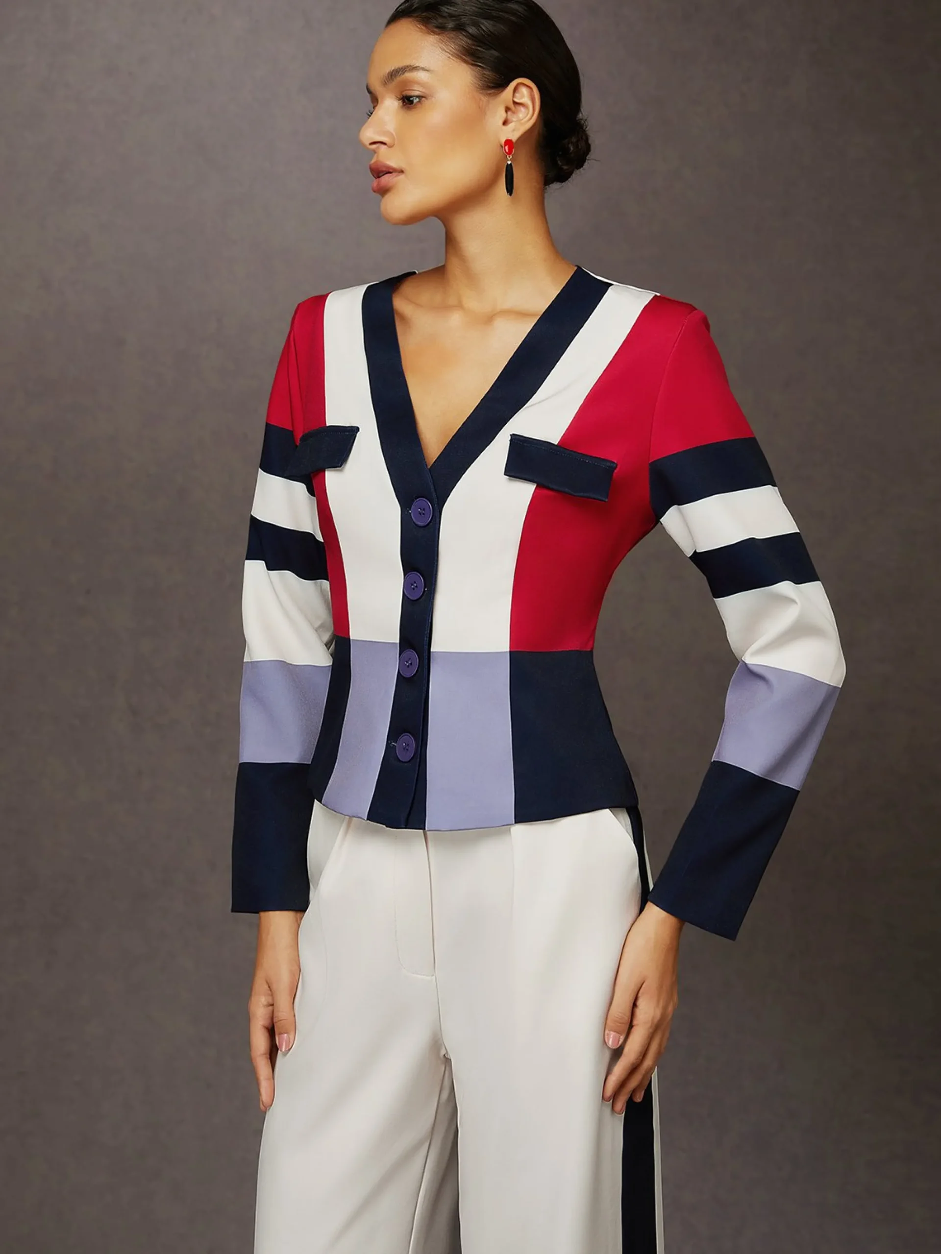 Urban Color Block V Neck Jacket
