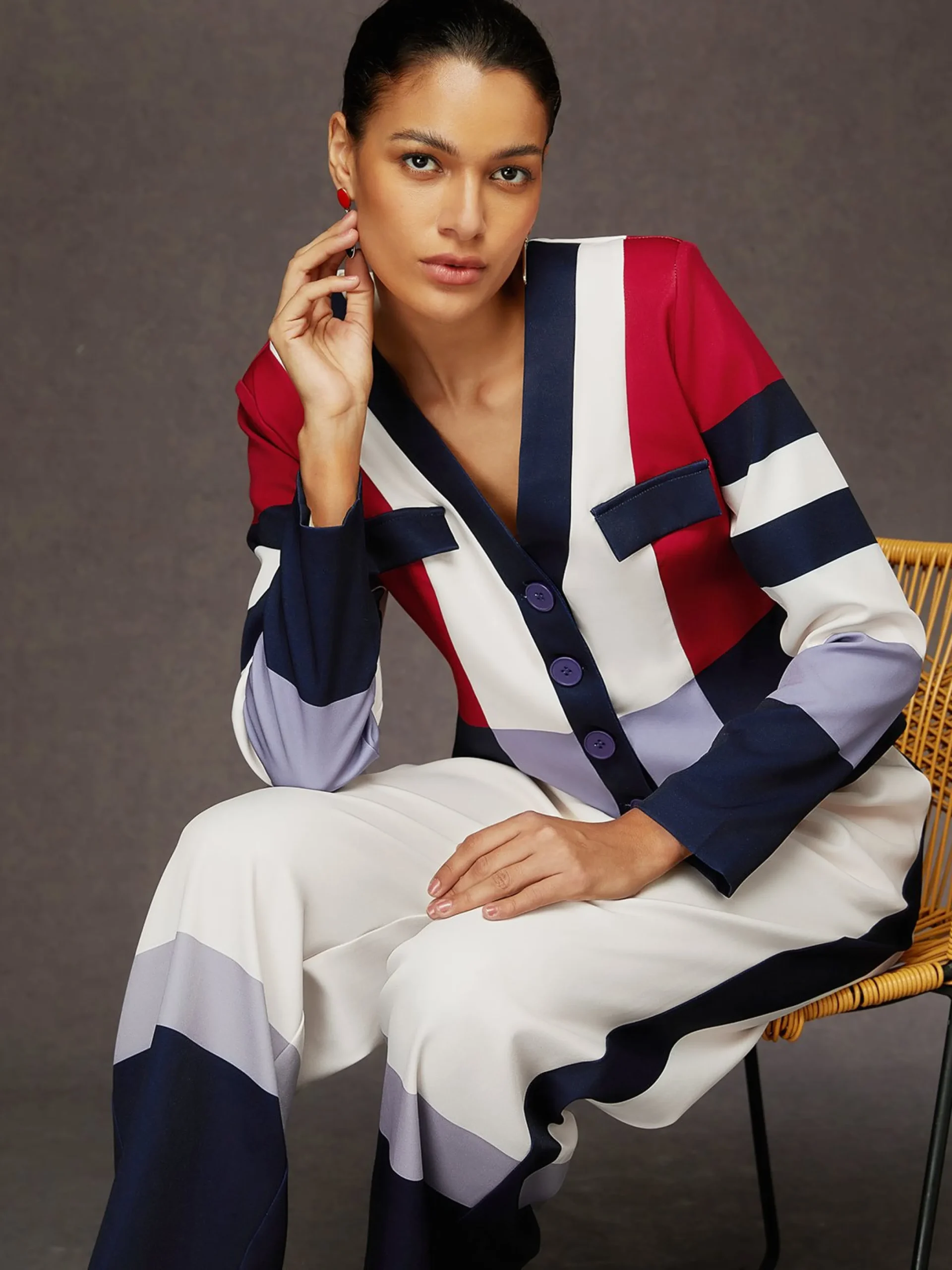 Urban Color Block V Neck Jacket