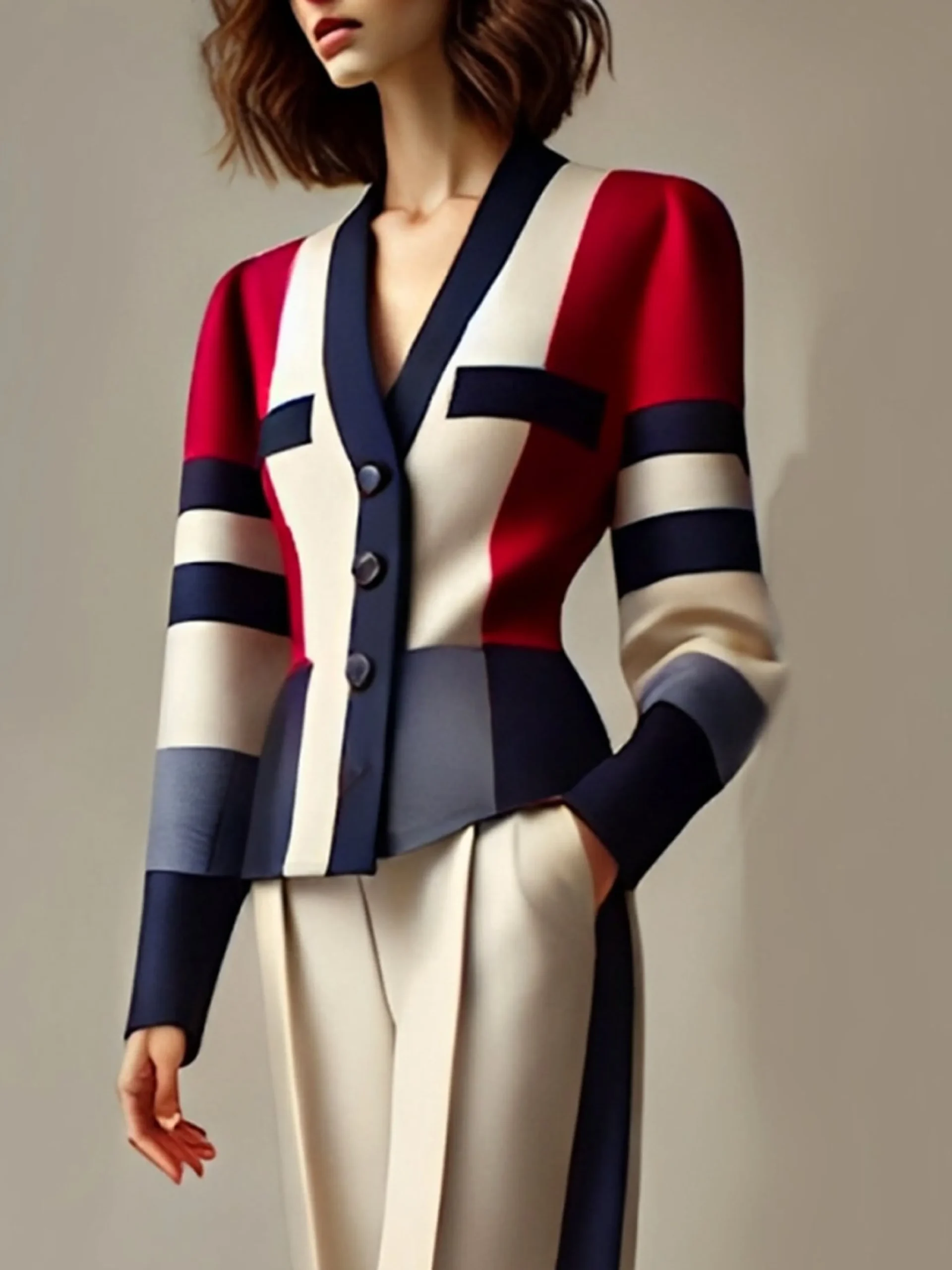Urban Color Block V Neck Jacket