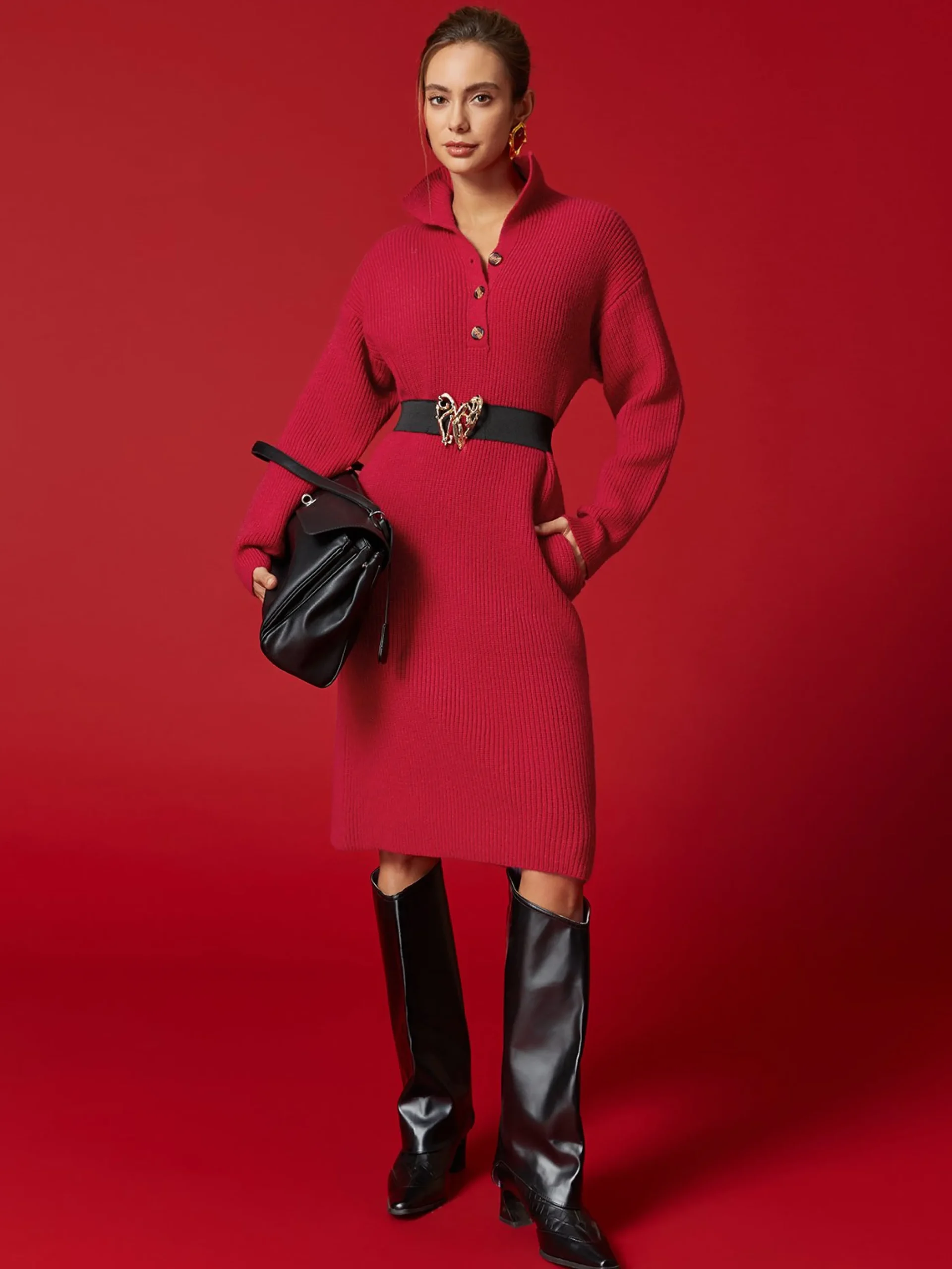 Urban Cozy Buttoned Shawl Collar Sweater Midi Dress