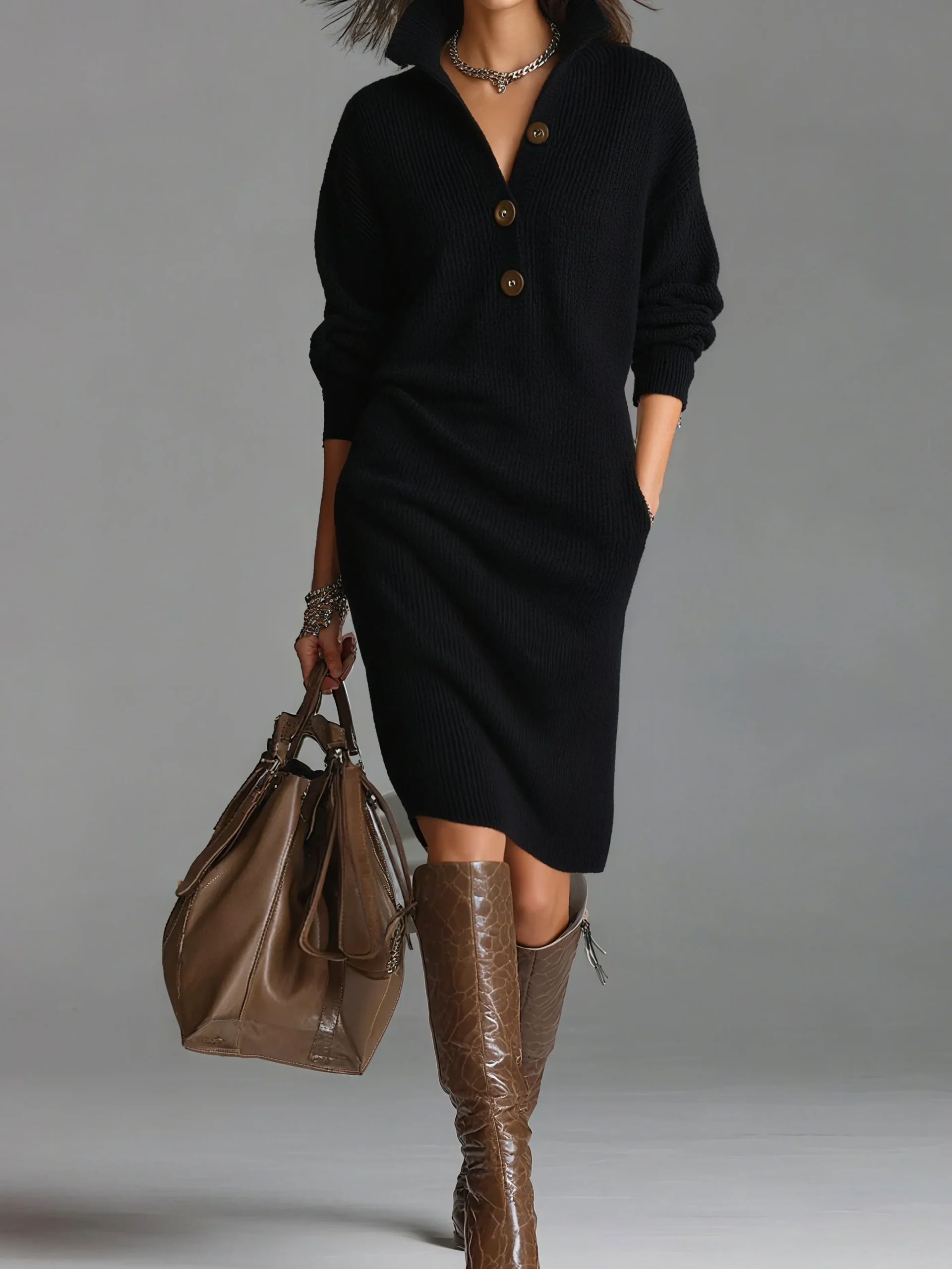 Urban Cozy Buttoned Shawl Collar Sweater Midi Dress