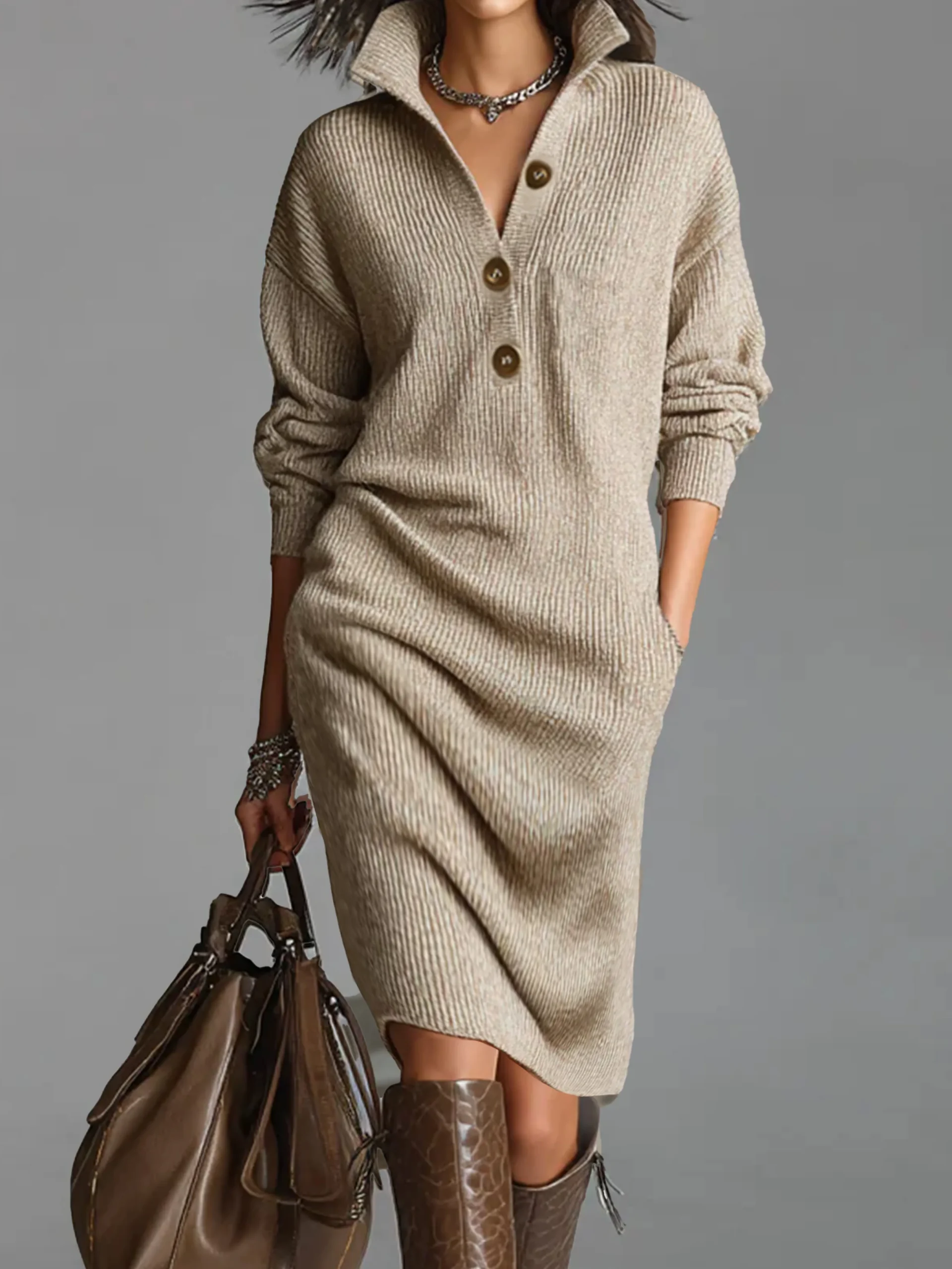 Urban Cozy Buttoned Shawl Collar Sweater Midi Dress