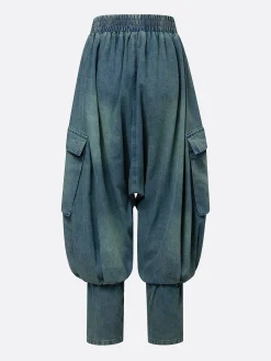 Urban Distressed Harem Jeans Elastic Waist Cargo Pocket Baggy Denim