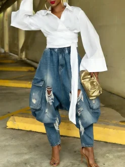 Urban Distressed Harem Jeans Elastic Waist Cargo Pocket Baggy Denim