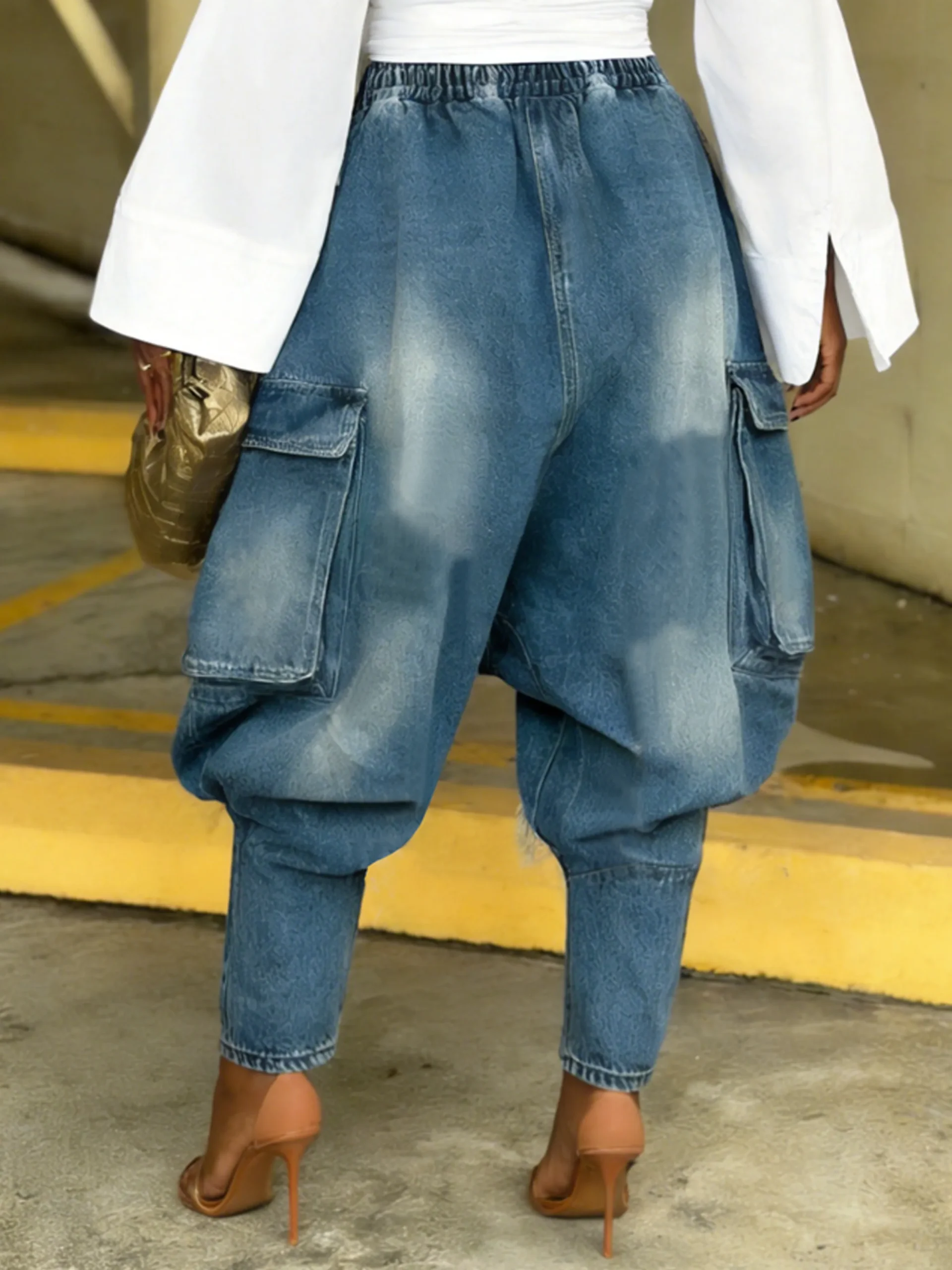 Urban Distressed Harem Jeans Elastic Waist Cargo Pocket Baggy Denim