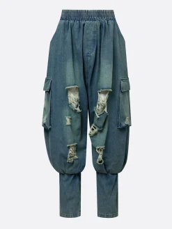 Urban Distressed Harem Jeans Elastic Waist Cargo Pocket Baggy Denim