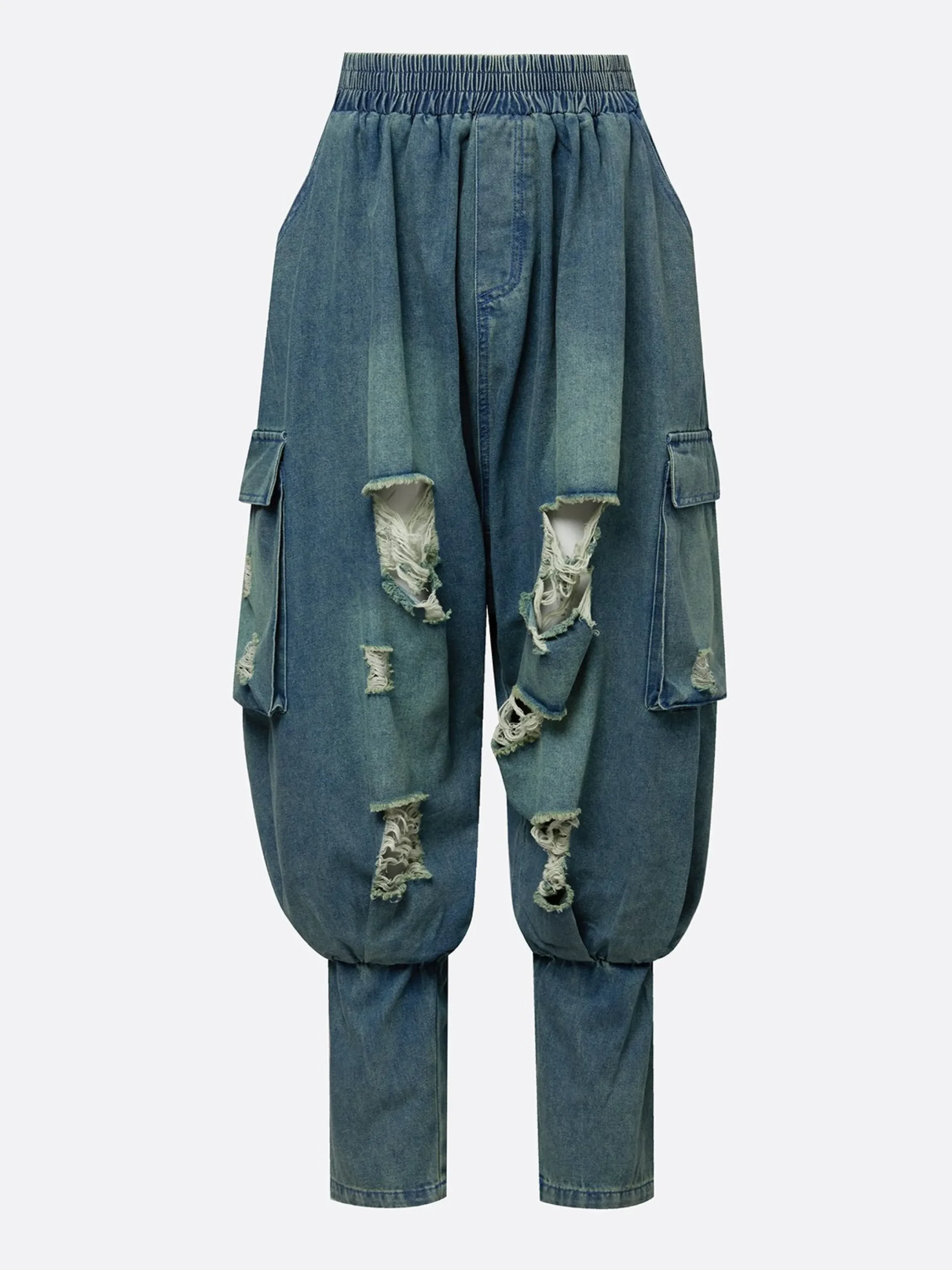 Urban Distressed Harem Jeans Elastic Waist Cargo Pocket Baggy Denim