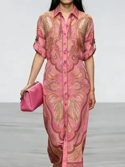 Urban Ethnic Buttoned Shirt Collar Midi Dress