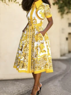 Urban Ethnic Print Tailored Midi Shirt Dress With Belt