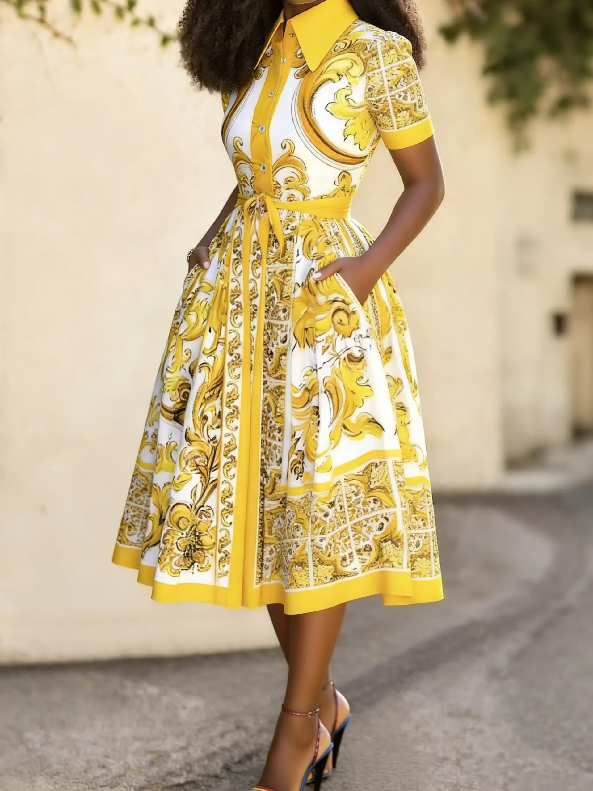 Urban Ethnic Print Tailored Midi Shirt Dress With Belt