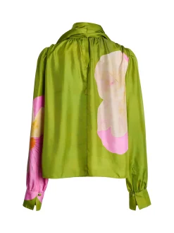 Urban Floral Bow Printing Mock Neck Blouse